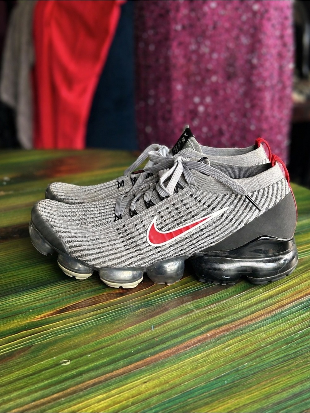 Nike Grey and Red Flyknit Athletic Sneakers
